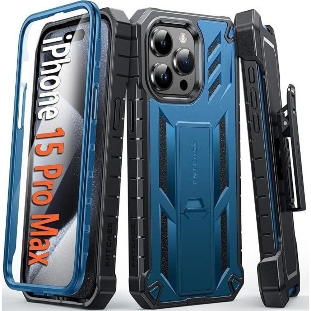 NWT FNTCASE iPhone 15-Pro-Max Case with Belt-Clip Blue Kickstand Military Grade